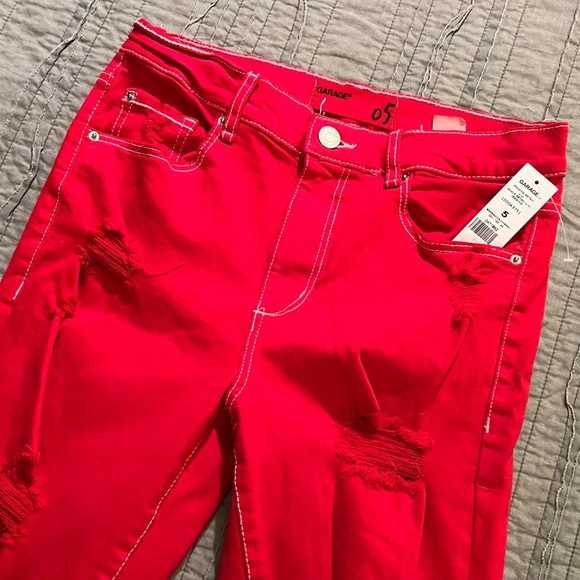 NWT Garage Retro High Waist Red Distressed jeans jeggings white stitching sz 5 - Picture 9 of 10